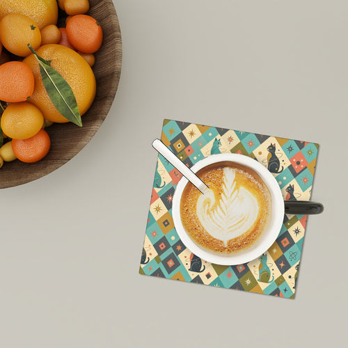 Atomic Cat Ceramic Coasters | Mid-Century Modern Cat Print | Set of 6 with Stand