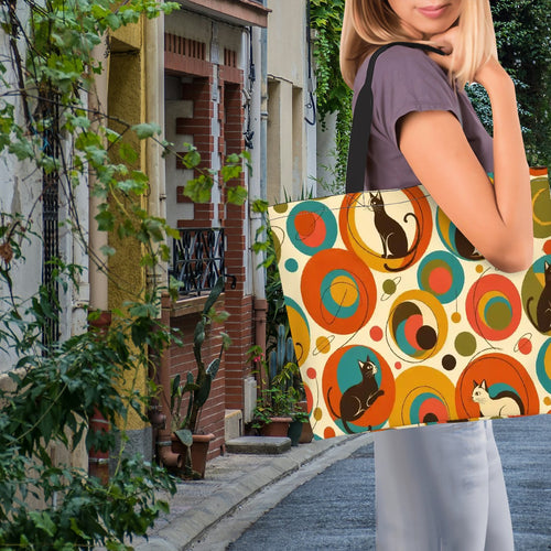 Atomic Cat Large Tote Shoulder Bag | Mid-Century Modern Cat Print