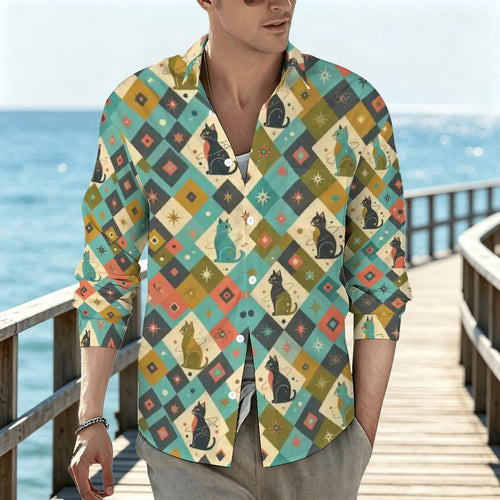 Atomic Cat Men's Button-Down Shirt | Mid-Century Modern Cat Print | S–6XL