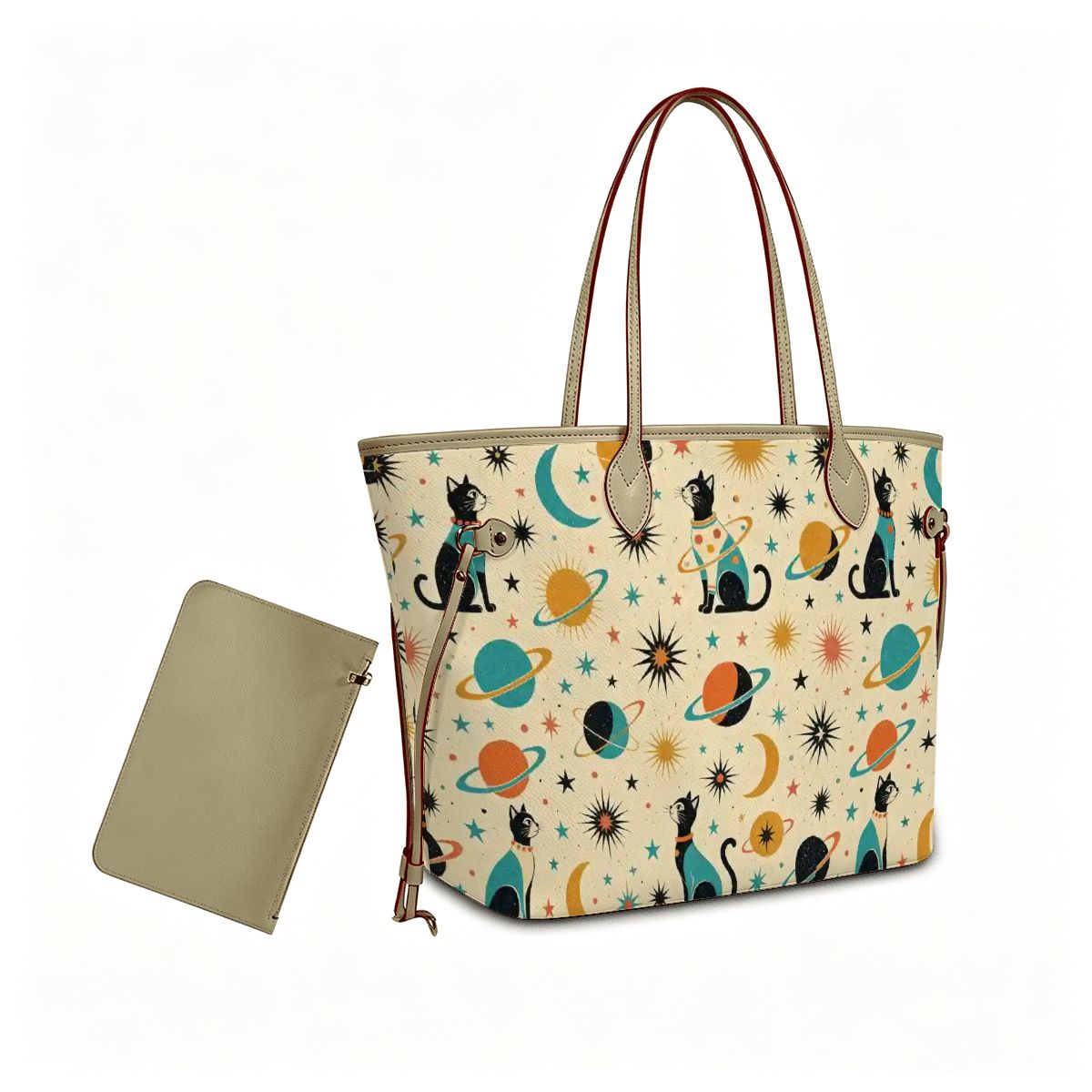 Atomic Cat Tote Bag | Mid-Century Modern PU Leather Tote with Mini Pouch