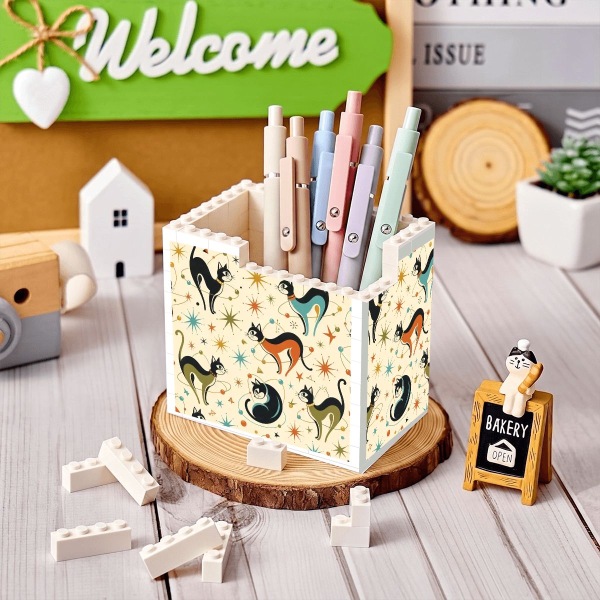 Atomic Cat Building Block Pen Holder | Mid-Century Modern Desk Organizer