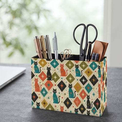 Atomic Cat Desk Organizer | Mid-Century Modern Cat Print PU Leather Pen Holder