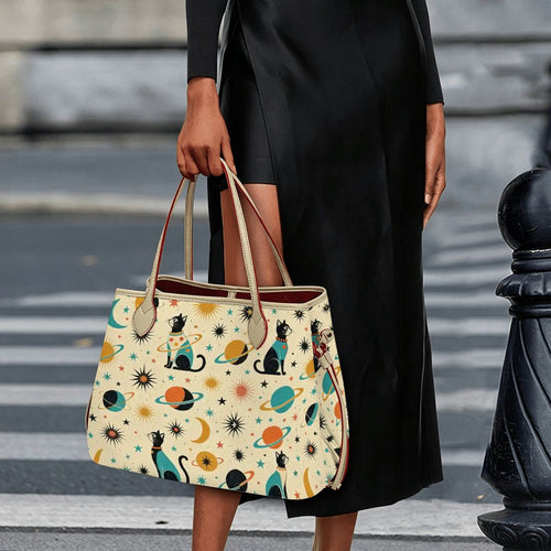 Atomic Cat Tote Bag | Mid-Century Modern PU Leather Tote with Mini Pouch