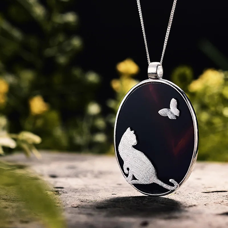 Agate Cat & Butterfly Pendant