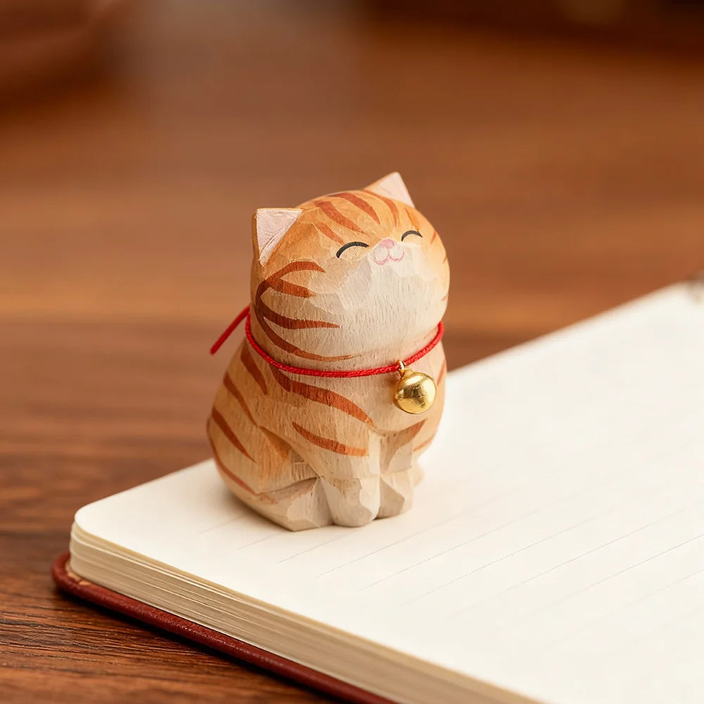 Kitten Figurine — Hand-Carved Wooden Cat Ornament