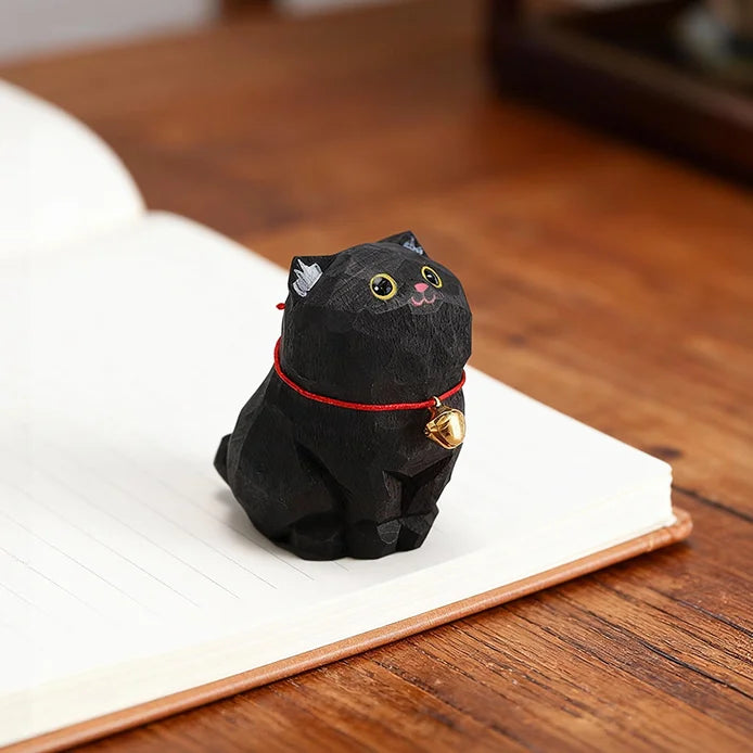 Kitten Figurine — Hand-Carved Wooden Cat Ornament