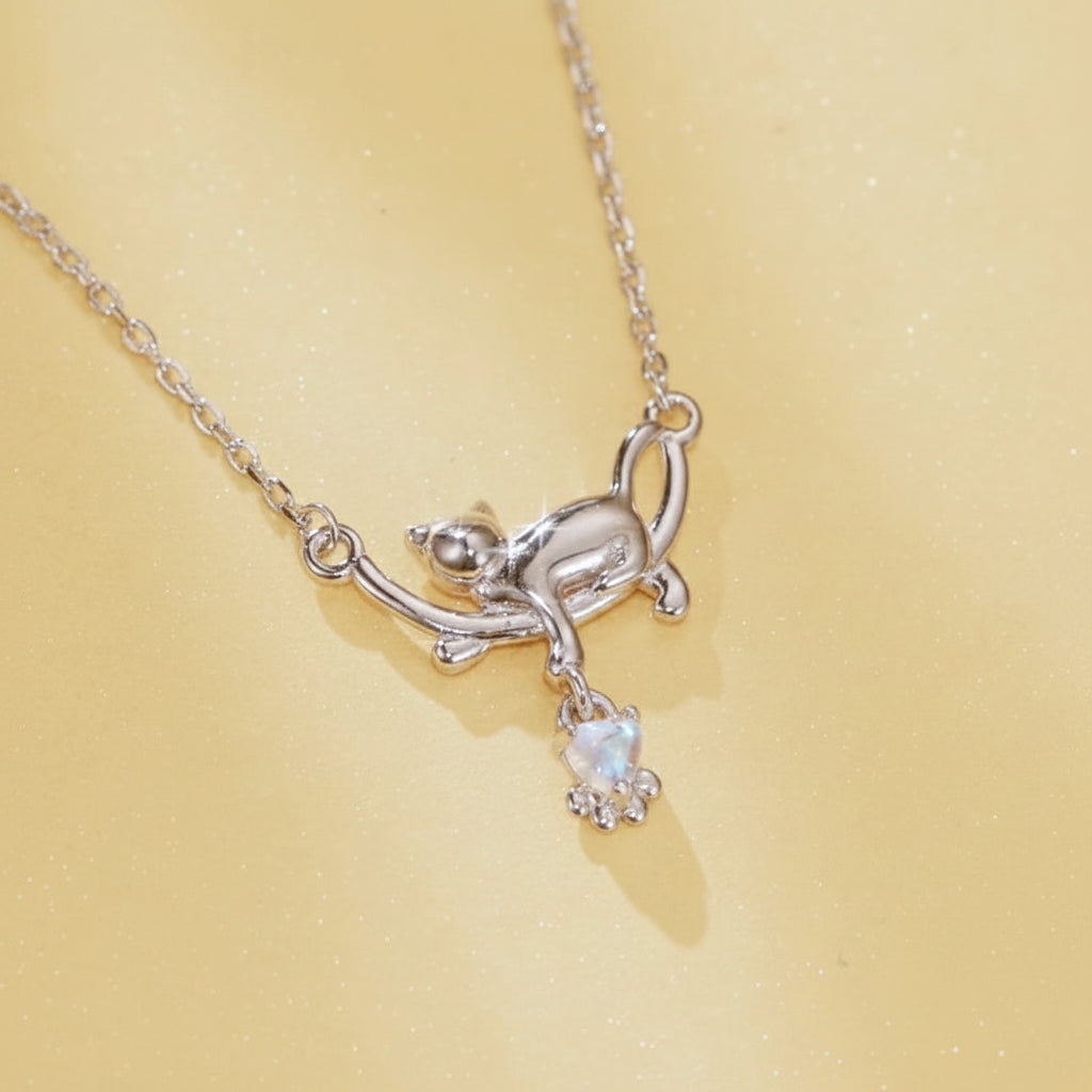 Dangling Cat Necklace | Crystal Drop Sterling Silver Pendant