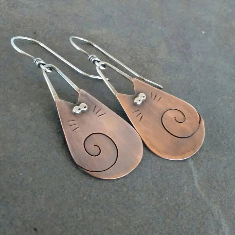 Whisker Vintage Cat Drop Earrings in Silver
