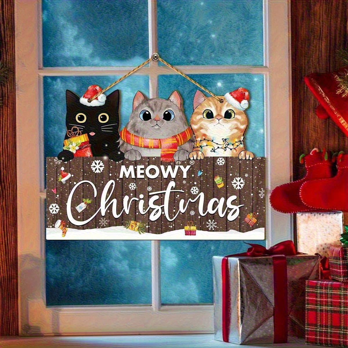 Meowy Christmas Wooden Sign