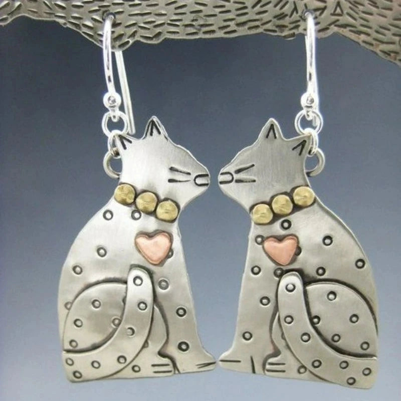 Whisker Vintage Cat Drop Earrings in Silver