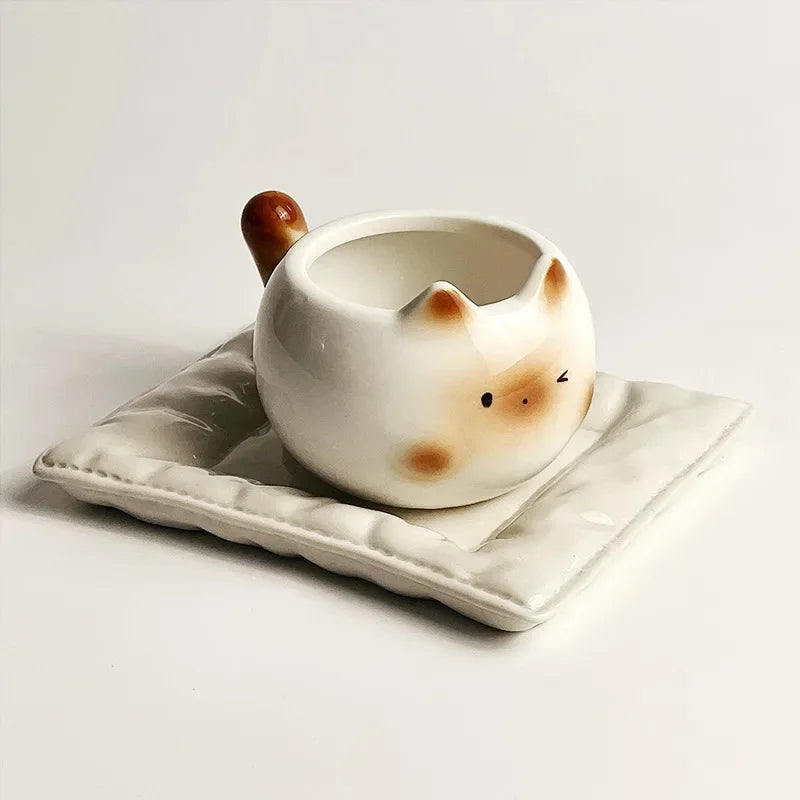 Cat Mug — Ceramic Siamese Cat Coffee Cup with Tray