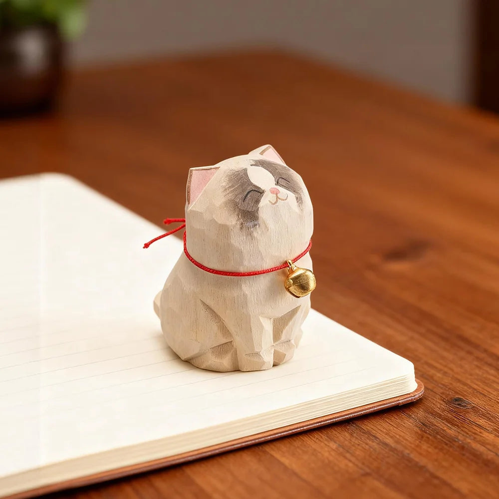 Kitten Figurine — Hand-Carved Wooden Cat Ornament