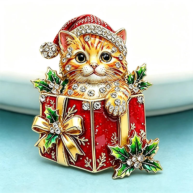 Tinsel | Christmas Cat Brooch | Rhinestone Holiday Pin