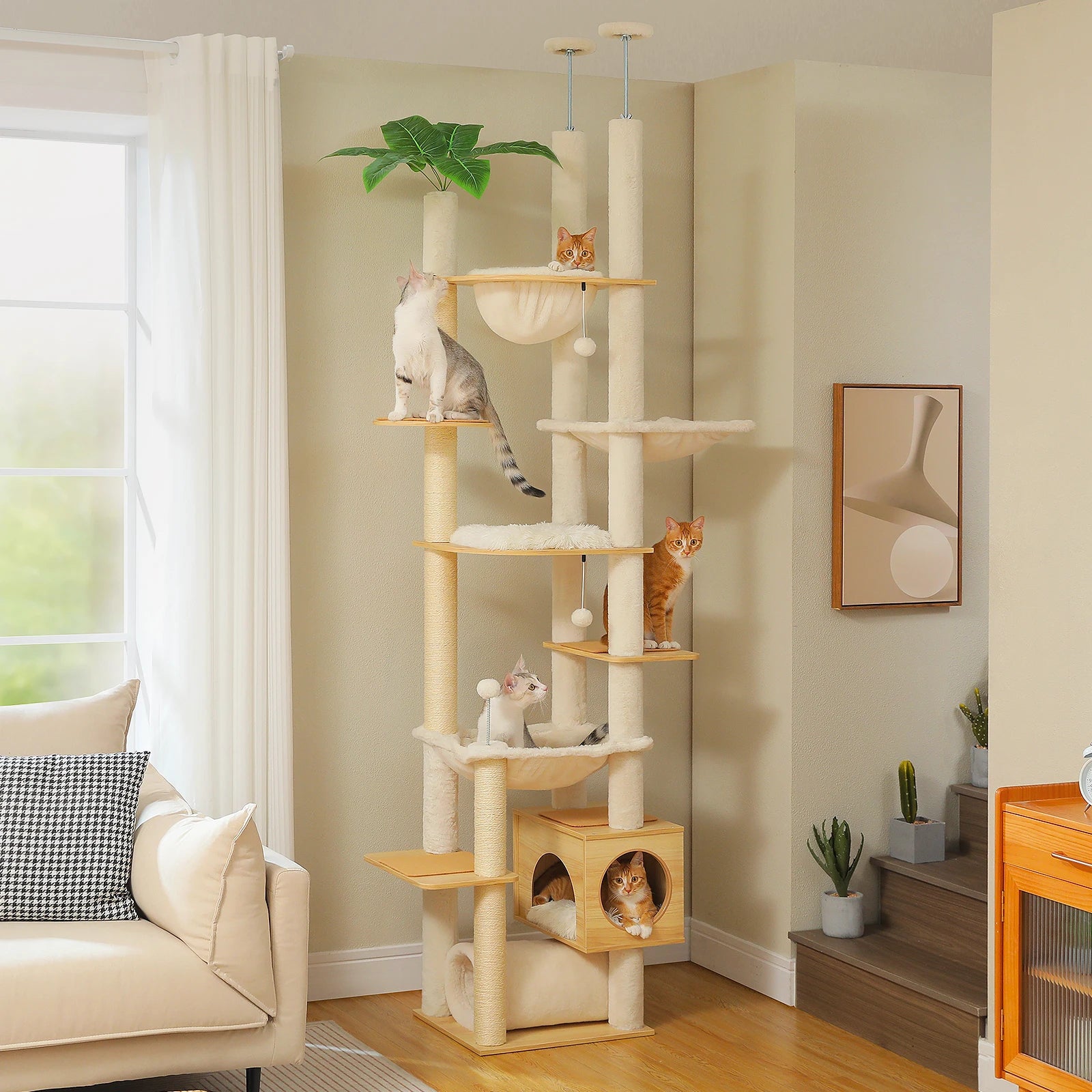 Floor-to-Ceiling Cat Tower — Height Adjustable with Hammock & Condo