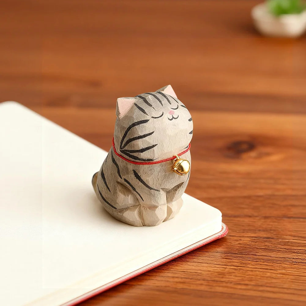 Kitten Figurine — Hand-Carved Wooden Cat Ornament