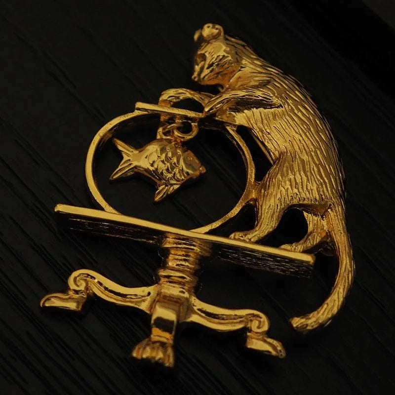 Angler Gold Cat Fishing Brooch