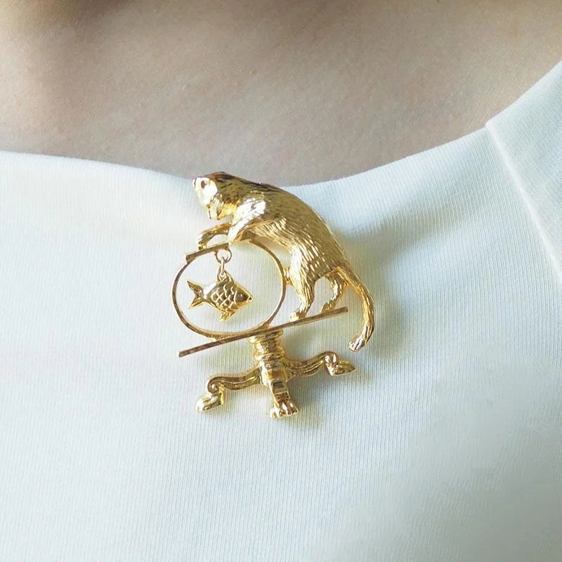 Angler Gold Cat Fishing Brooch