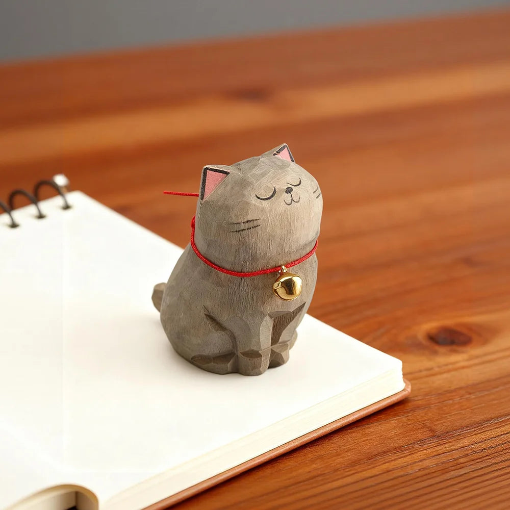 Kitten Figurine — Hand-Carved Wooden Cat Ornament