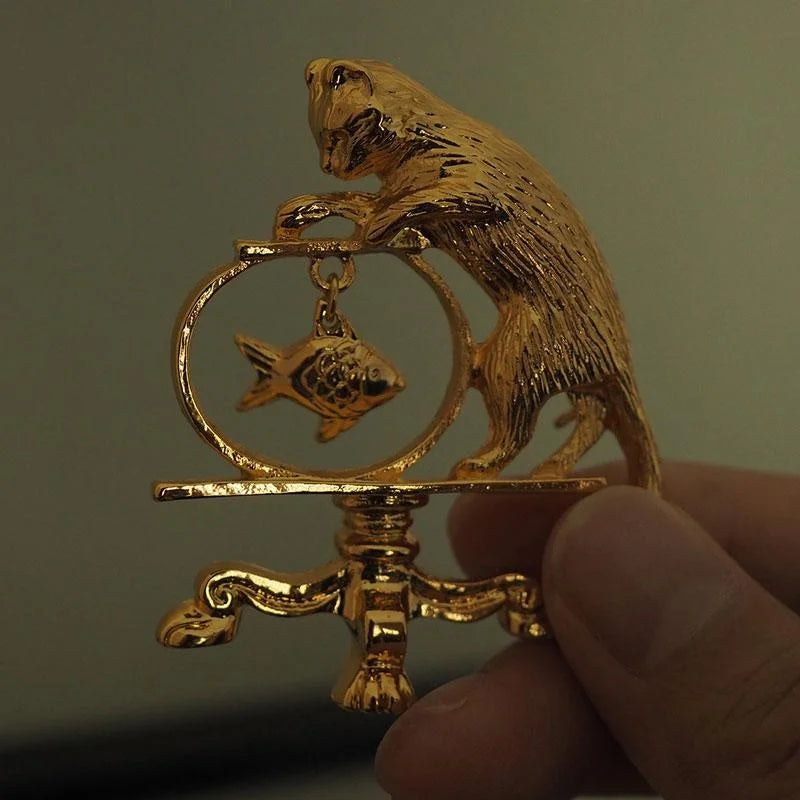 Angler Gold Cat Fishing Brooch