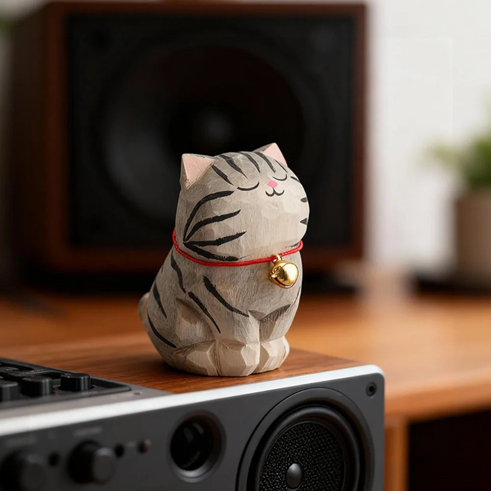 Kitten Figurine — Hand-Carved Wooden Cat Ornament
