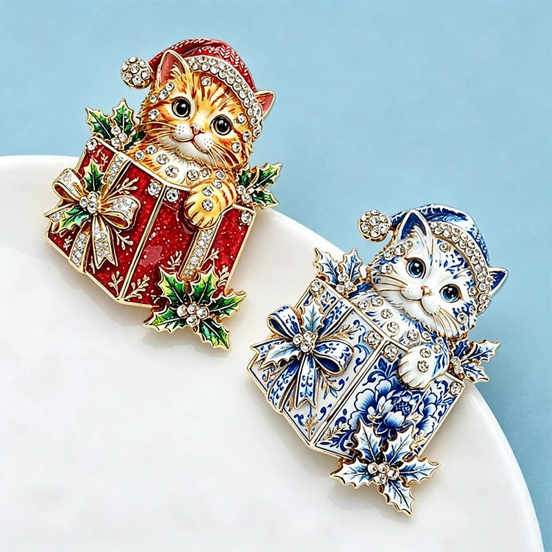 Tinsel | Christmas Cat Brooch | Rhinestone Holiday Pin