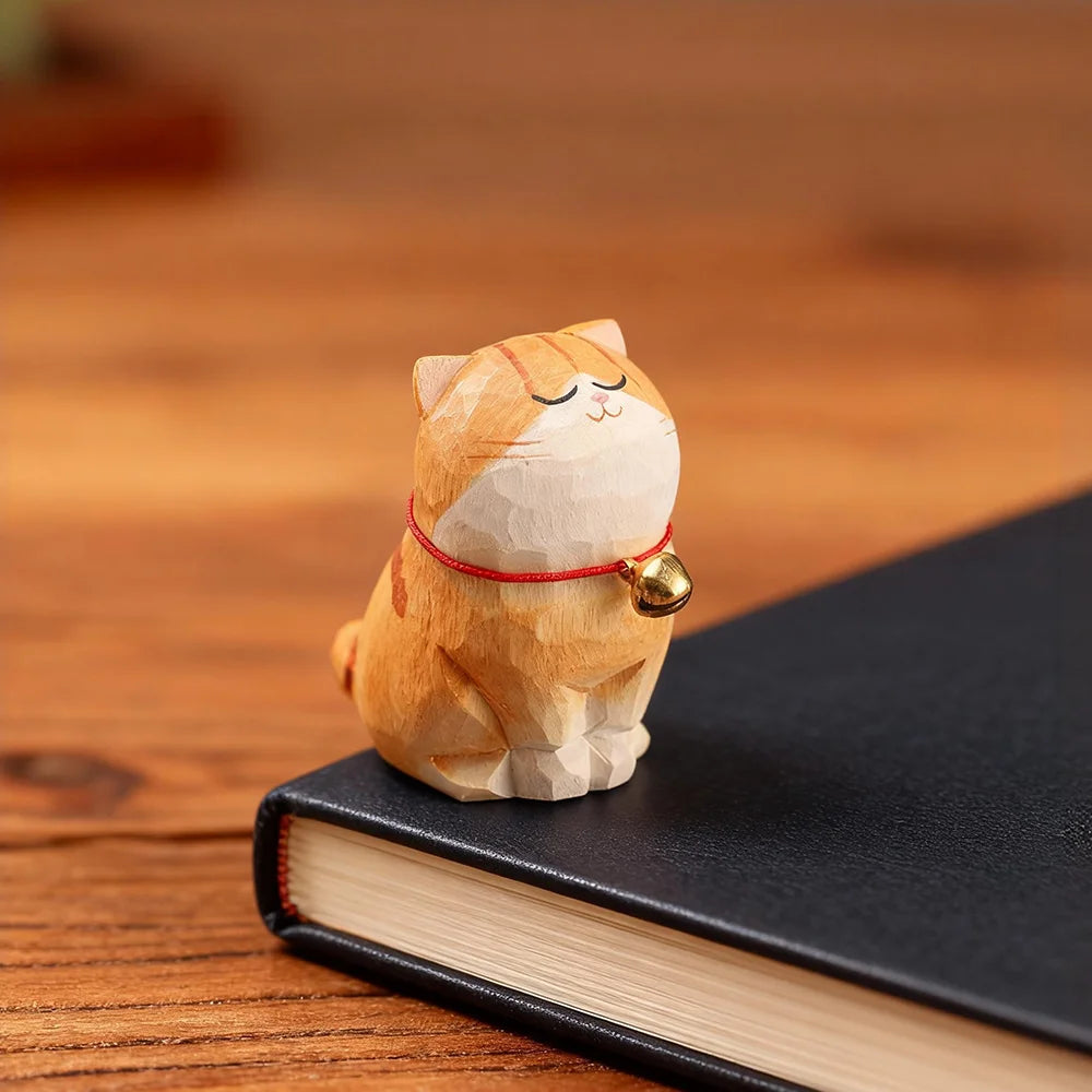 Kitten Figurine — Hand-Carved Wooden Cat Ornament