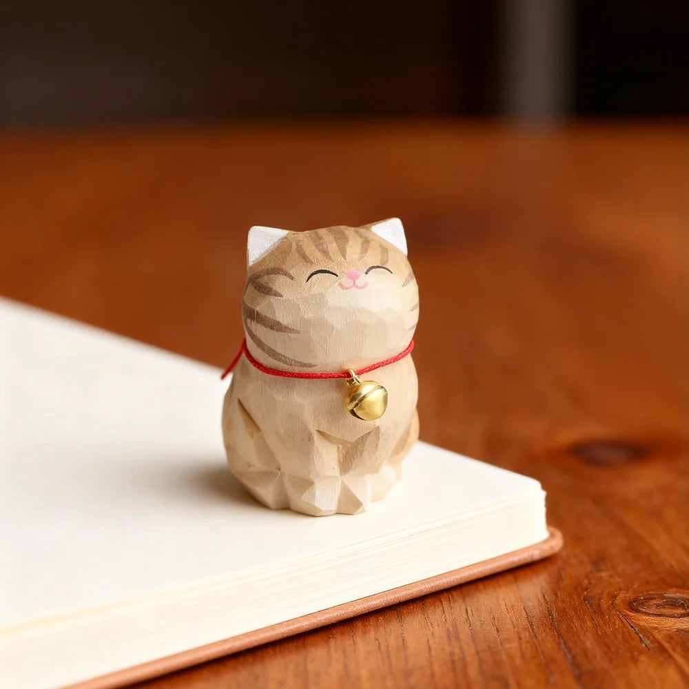 Kitten Figurine — Hand-Carved Wooden Cat Ornament