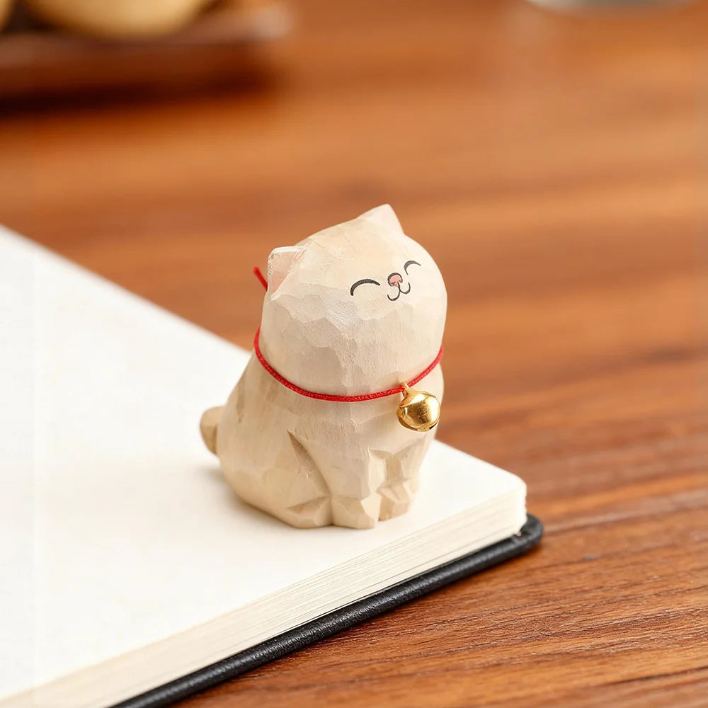 Kitten Figurine — Hand-Carved Wooden Cat Ornament
