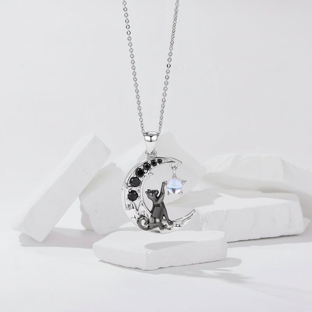 Stargazer Cat on Moon Pendant Necklace in White Gold