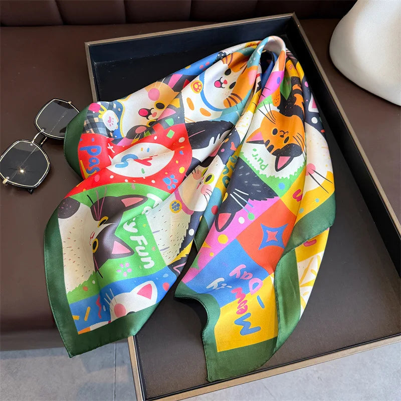 Cute Cat Print Square Scarf