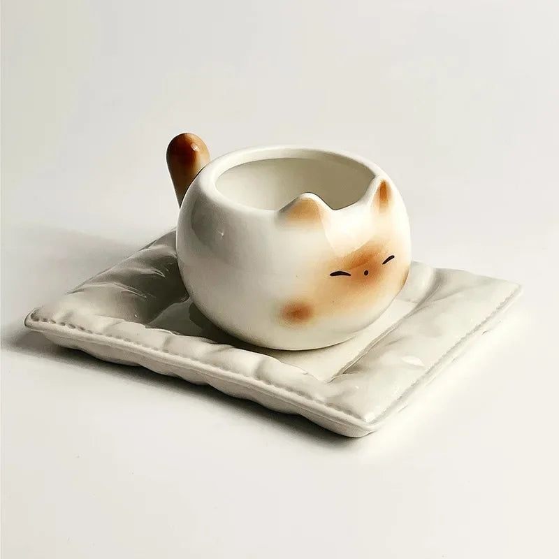 Cat Mug — Ceramic Siamese Cat Coffee Cup with Tray