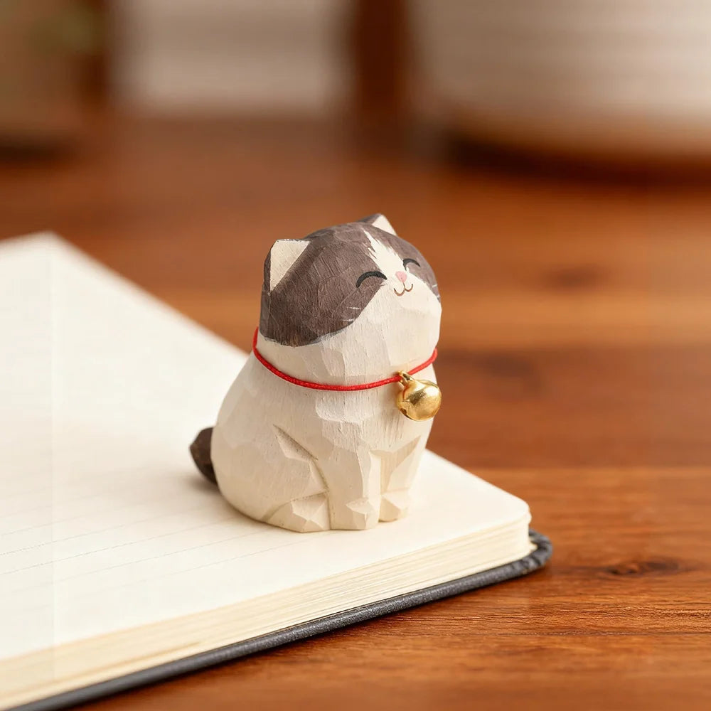 Kitten Figurine — Hand-Carved Wooden Cat Ornament
