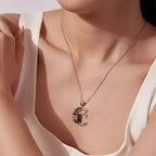 Stargazer Cat on Moon Pendant Necklace in White Gold