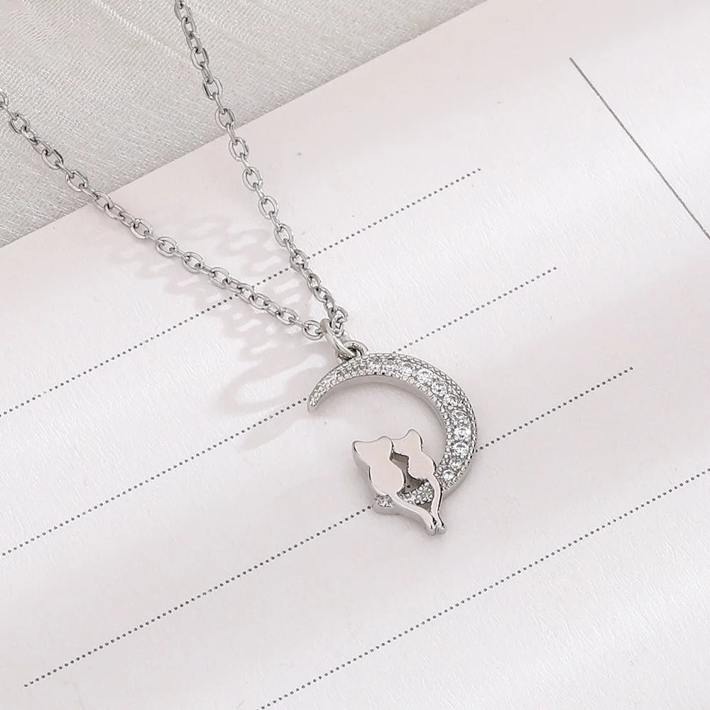 Moon Cat Crystal Pendant Necklace