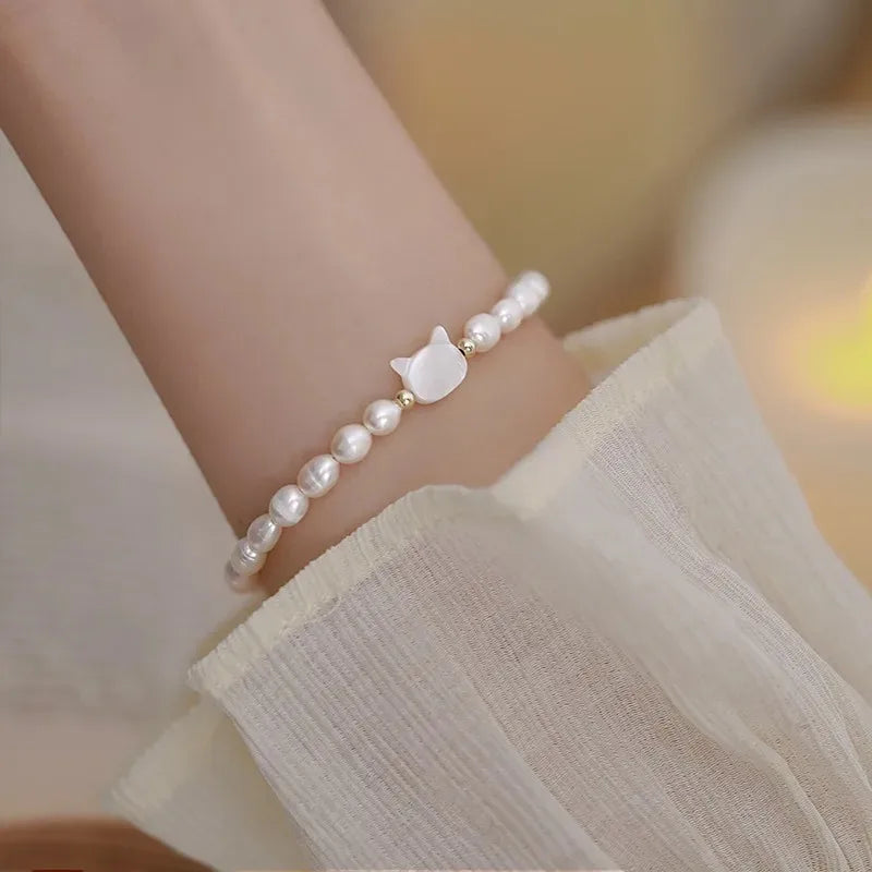 Pearl Cat Charm Bracelet