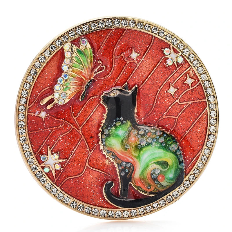Butterfly Cat Round Brooch