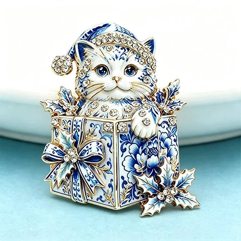 Tinsel | Christmas Cat Brooch | Rhinestone Holiday Pin