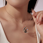 Stargazer Cat on Moon Pendant Necklace in White Gold