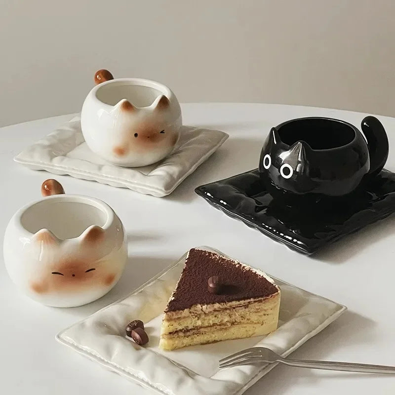 Cat Mug — Ceramic Siamese Cat Coffee Cup with Tray