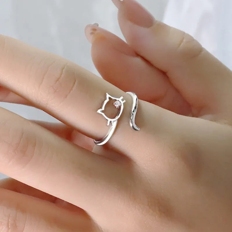 Silhouette Sterling Silver Cat Open Ring