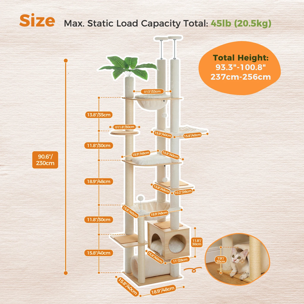 Floor-to-Ceiling Cat Tower — Height Adjustable with Hammock & Condo