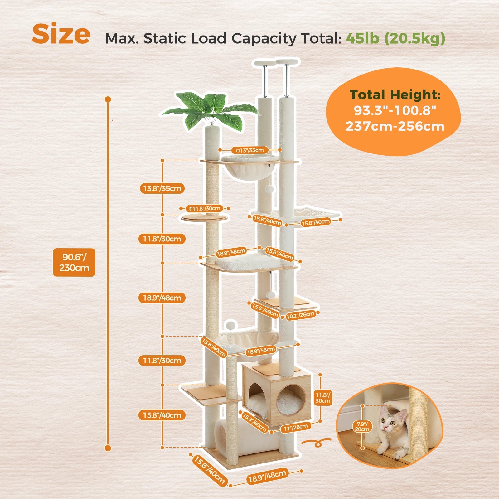 Floor-to-Ceiling Cat Tower — Height Adjustable with Hammock & Condo