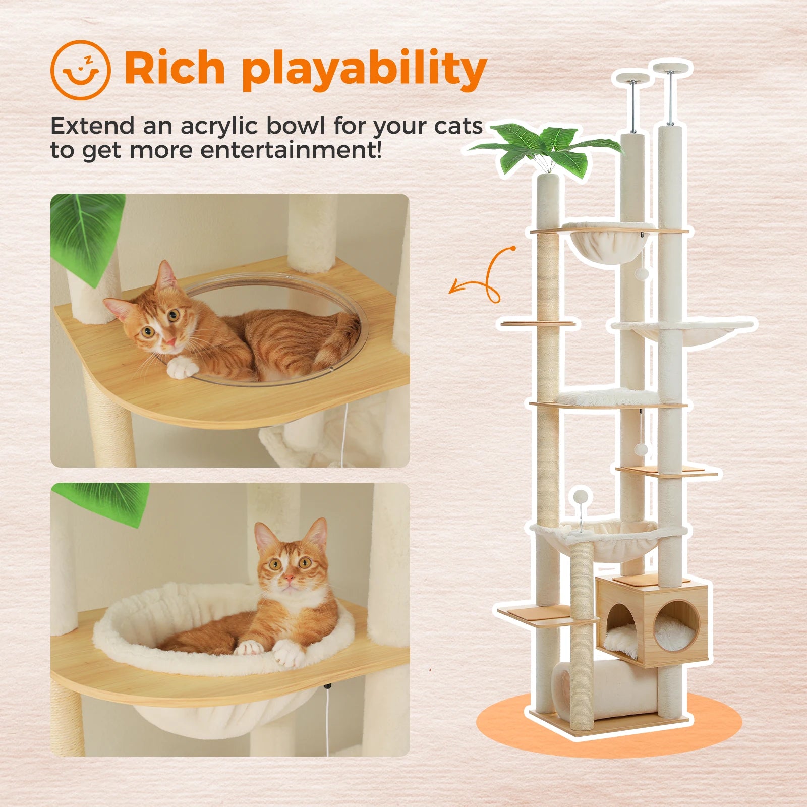 Floor-to-Ceiling Cat Tower — Height Adjustable with Hammock & Condo