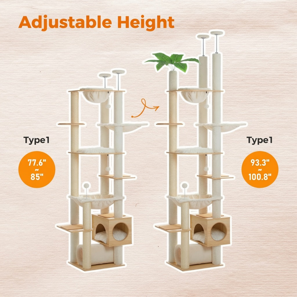 Floor-to-Ceiling Cat Tower — Height Adjustable with Hammock & Condo