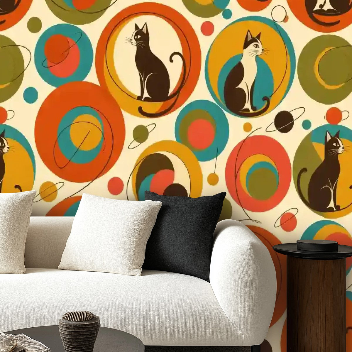 Retro Circles Cat Peel & Stick Wallpaper