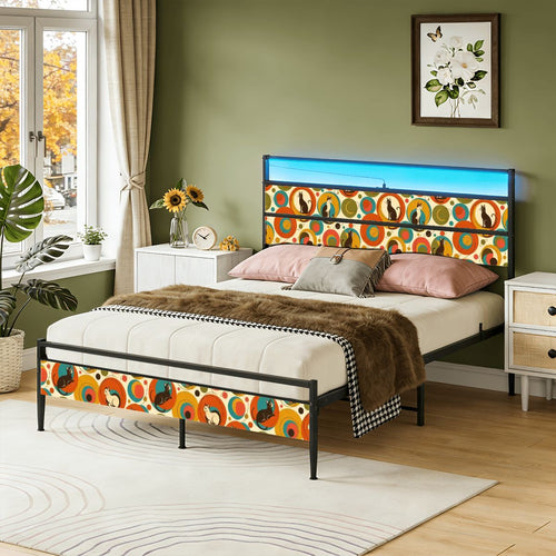 Atomic Cat LED Bed Frame | Mid-Century Modern Cat Print with USB Charging