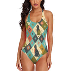 Atomic Cat Women's Cross-Back One-Piece Swimsuit | Mid-Century Modern Cat Print