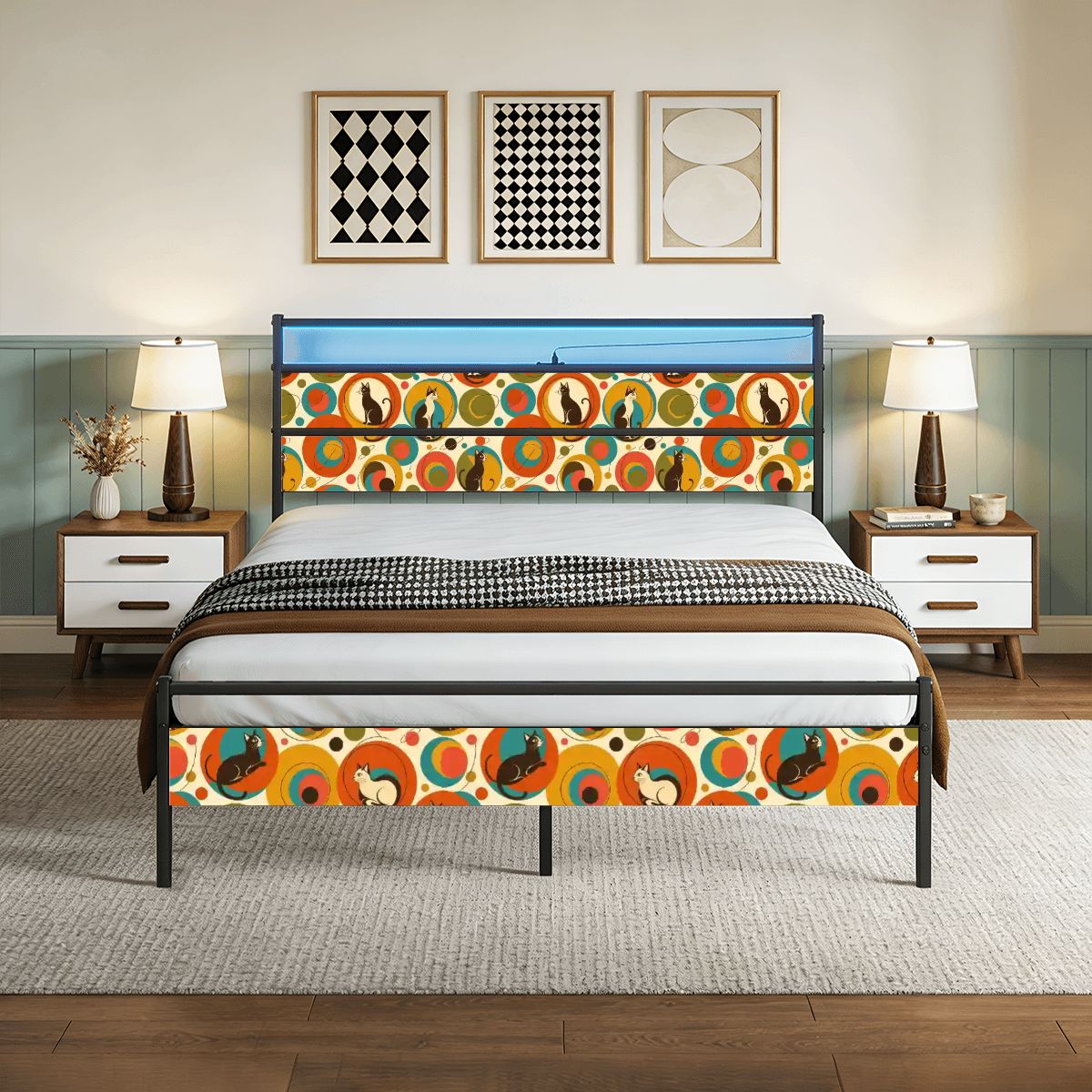 Atomic Cat LED Bed Frame | Mid-Century Modern Cat Print with USB Charging