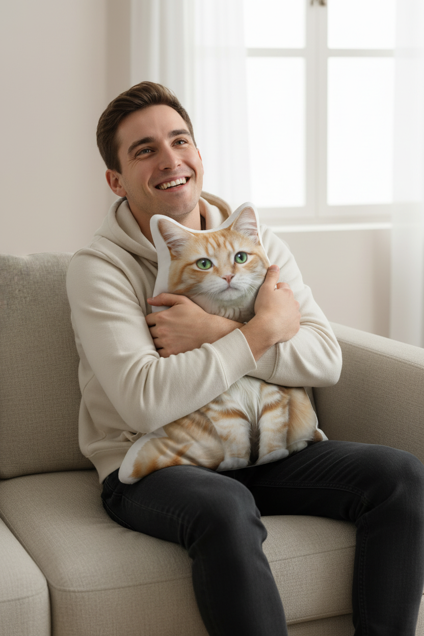 Guy Hugging Cat Shaped Pillow
